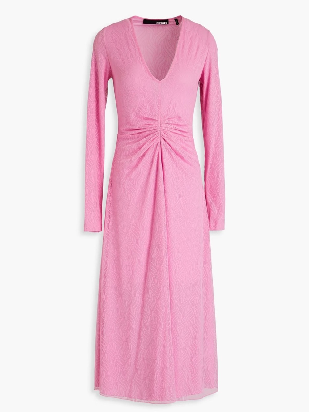 Rotate Flared Lace Pink Midi Dress with Draped Detail